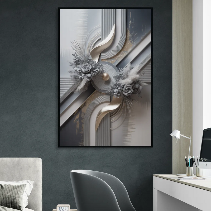 Elegant Geometric Grey and Silver Abstract Sitting Room - Black Canvas Wall Art