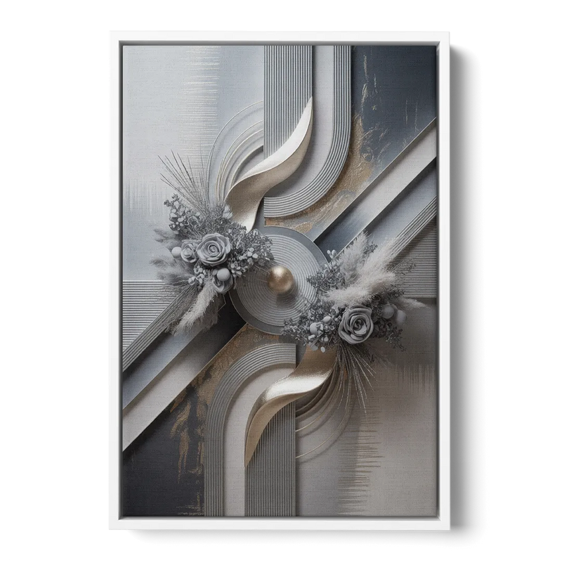 Elegant Geometric Grey and Silver Abstract Front - White Canvas Wall Art