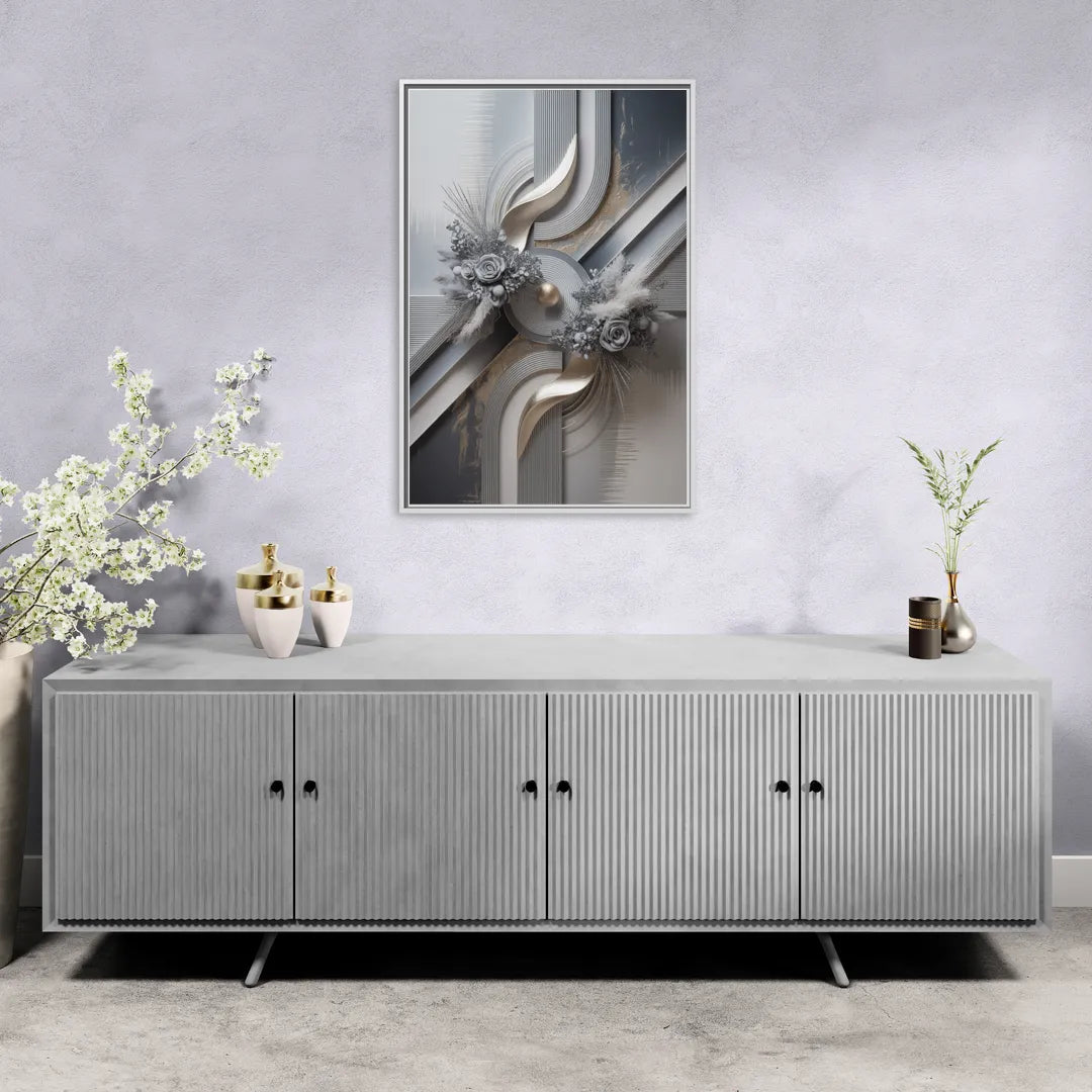 Elegant Geometric Grey and Silver Abstract - Living Room White Frame Canvas