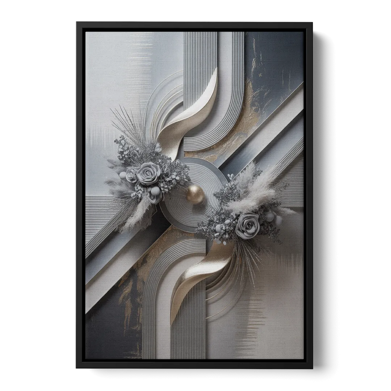 Elegant Geometric Grey and Silver Abstract Front - Black Canvas Wall Art