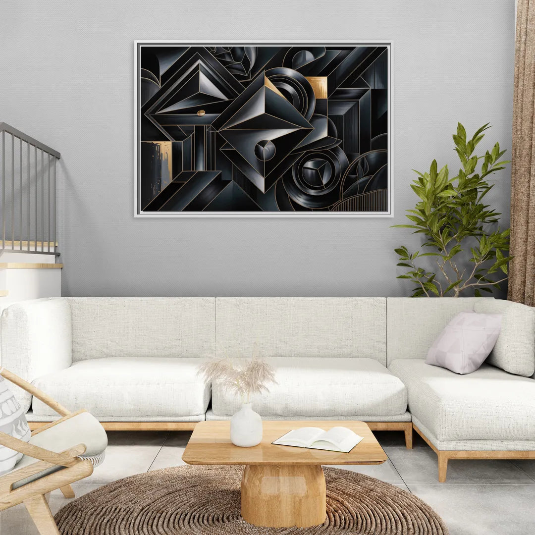 Elegant Geometric Harmony Black Abstract - Living Room White Frame Canvas