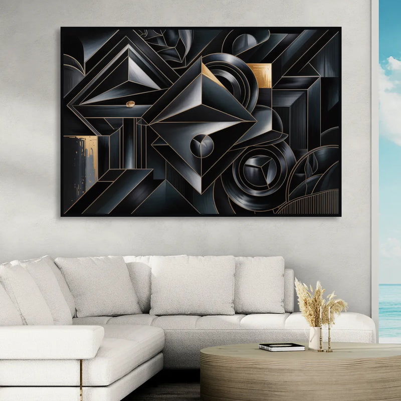 Elegant Geometric Harmony Black Abstract Sitting Room - Black Canvas Wall Art