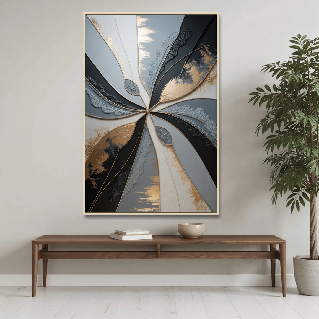 Elegant Geometric Harmony Grey Abstract - Oak Framed Canvas Wall Art - Coffee Table - 40x60