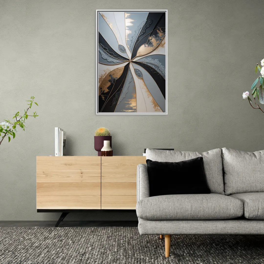 Elegant Geometric Harmony Grey Abstract - Living Room White Frame Canvas
