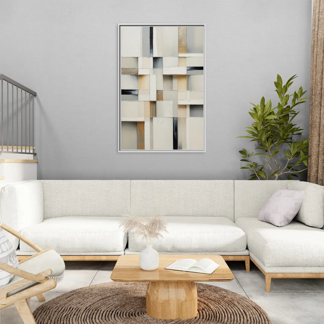 Elegant Geometric Intersections White Abstract - Living Room White Frame Canvas