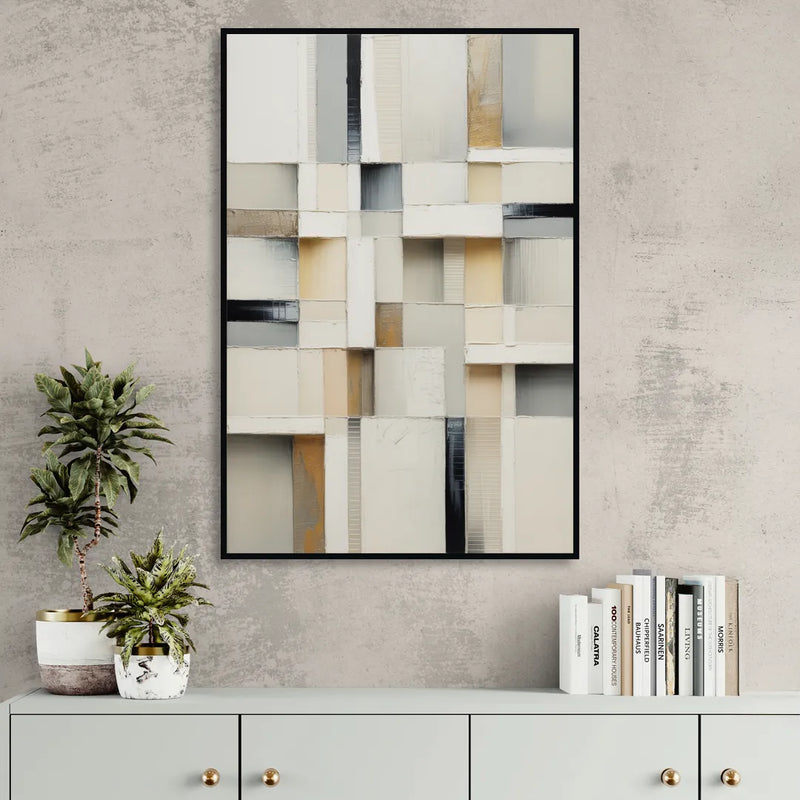 Elegant Geometric Intersections White Abstract Living Room - Black Canvas Wall Art