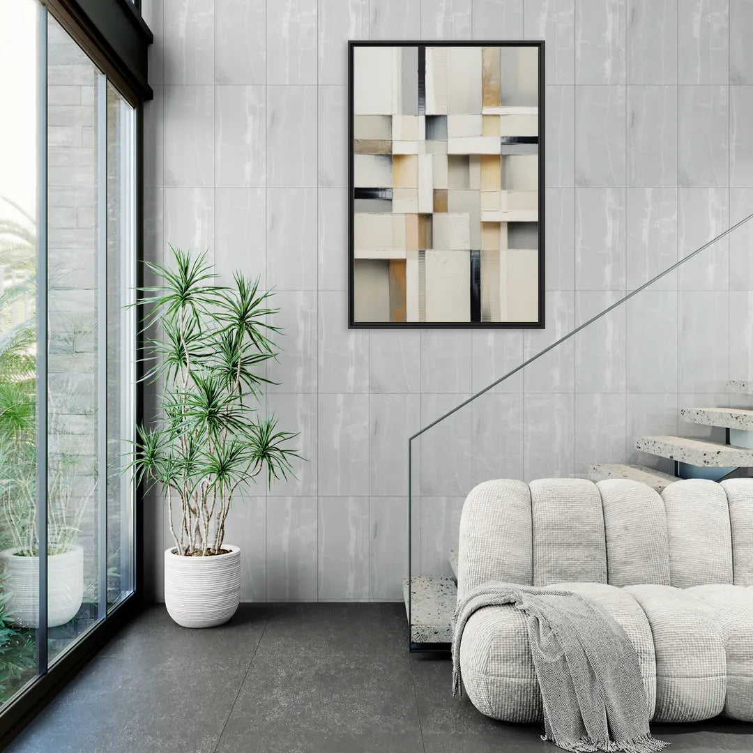 Elegant Geometric Intersections White Abstract - Living Room Black Frame Canvas