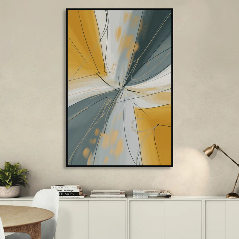 Elegant Geometric Yellow and Grey Abstract Sitting Room - Black Canvas Wall Art