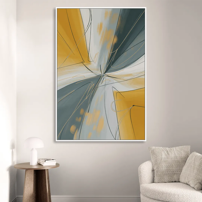 Elegant Geometric Yellow and Grey Abstract Sitting Room - White Canvas Wall Art