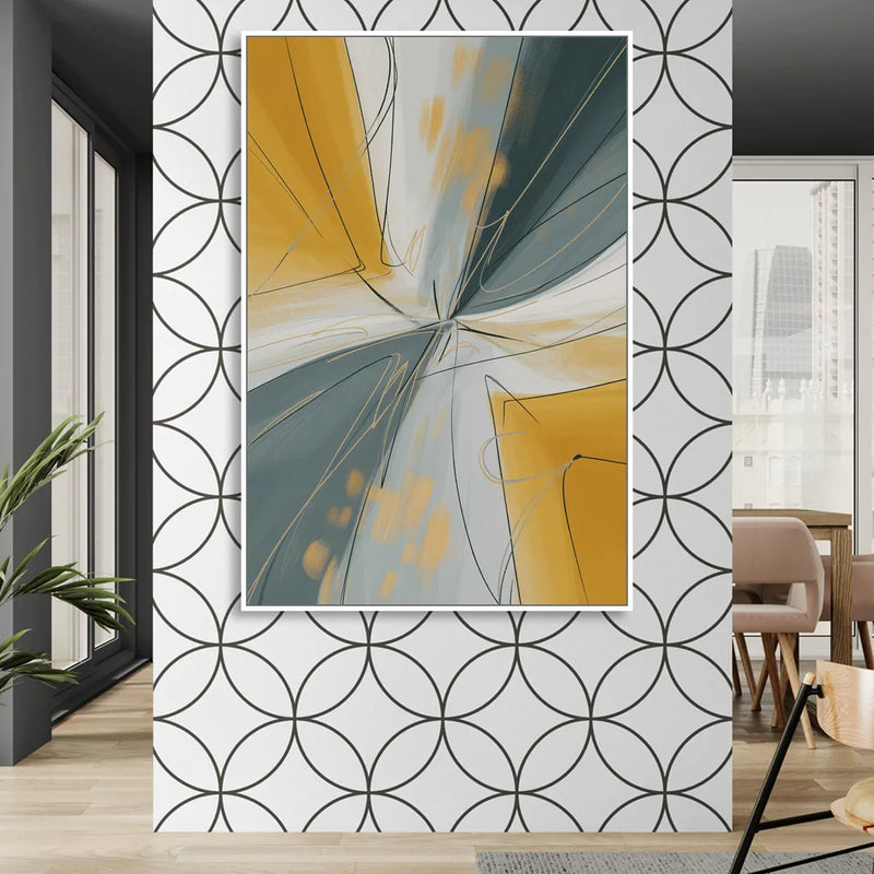 Elegant Geometric Yellow and Grey Abstract Living Room - White Canvas Wall Art