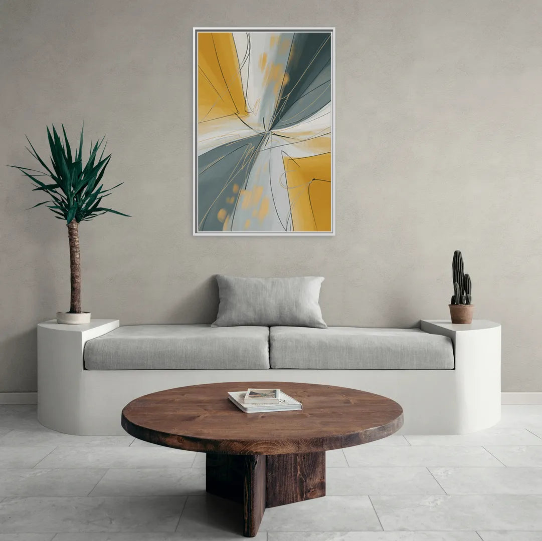 Elegant Geometric Yellow and Grey Abstract - Living Room White Frame Canvas