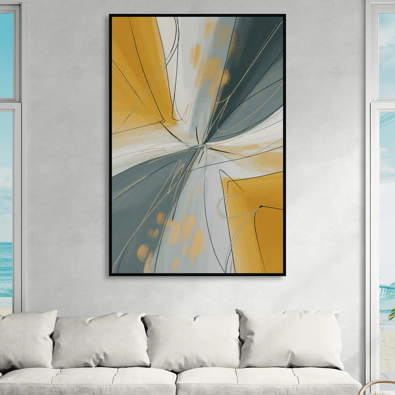 Elegant Geometric Yellow and Grey Abstract Living Room - Black Canvas Wall Art