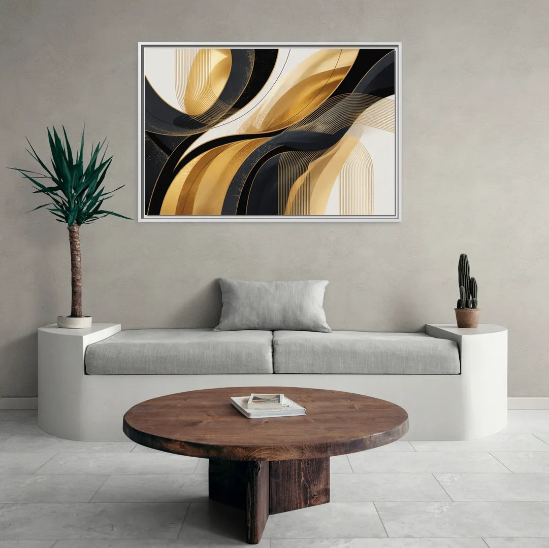 Elegant Geometry Black and Gold Abstract - Living Room White Frame Canvas