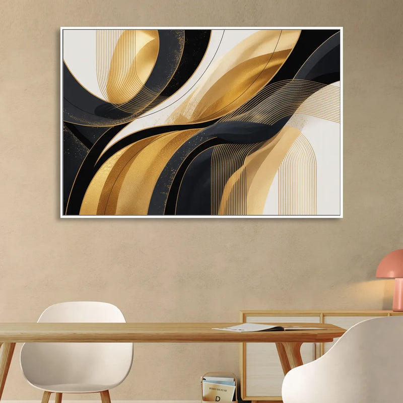Elegant Geometry Black and Gold Abstract Living Room - White Canvas Wall Art