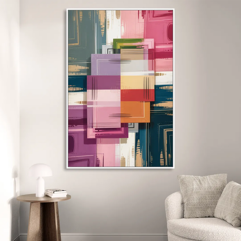 Elegant Geometry in Pink Abstract Living Room - White Canvas Wall Art