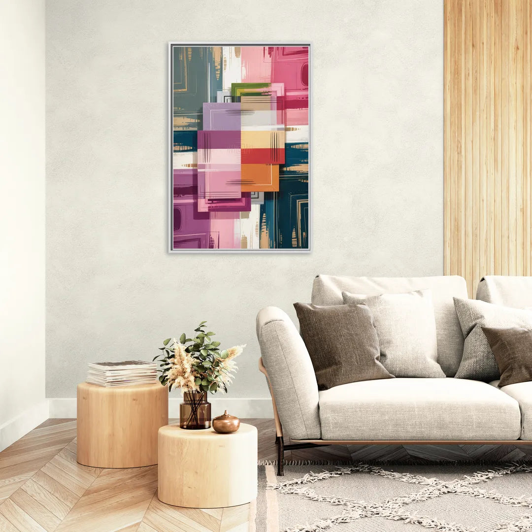 Elegant Geometry in Pink Abstract - Living Room White Frame Canvas