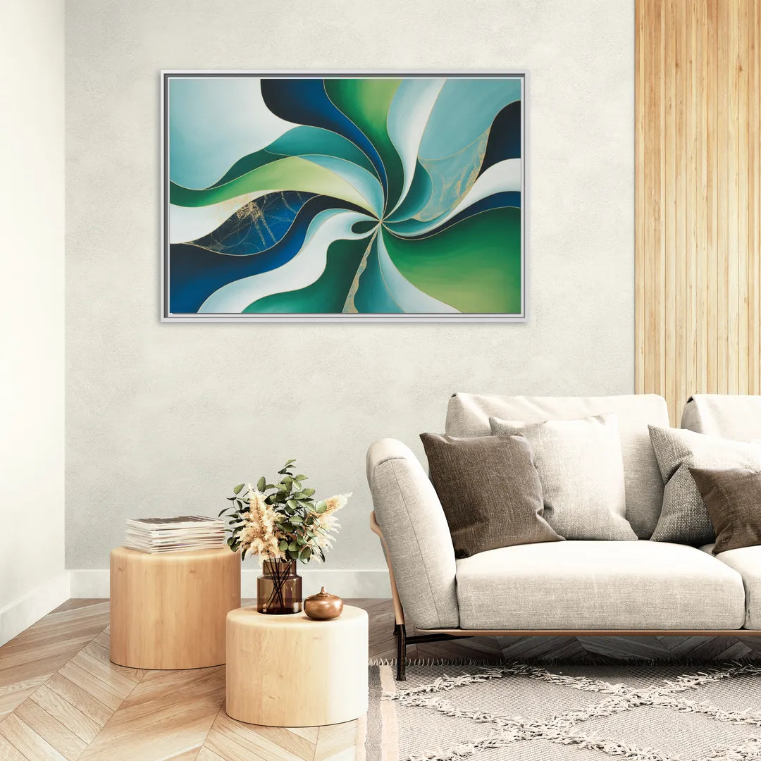 Elegant Harmony Blue and Green Abstract - Living Room White Frame Canvas