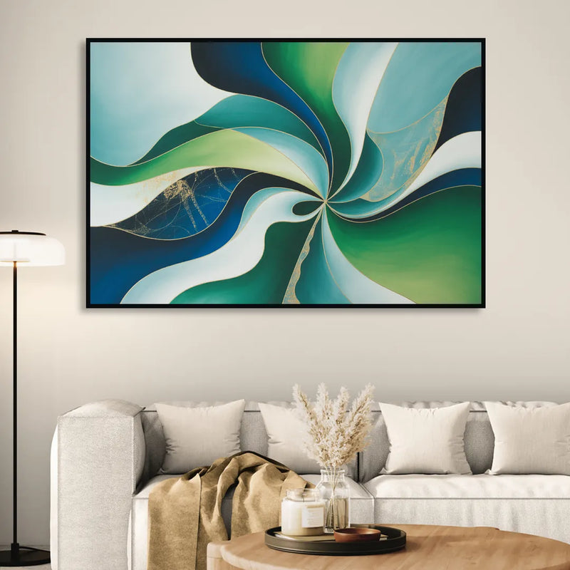 Elegant Harmony Blue and Green Abstract Living Room - Black Canvas Wall Art