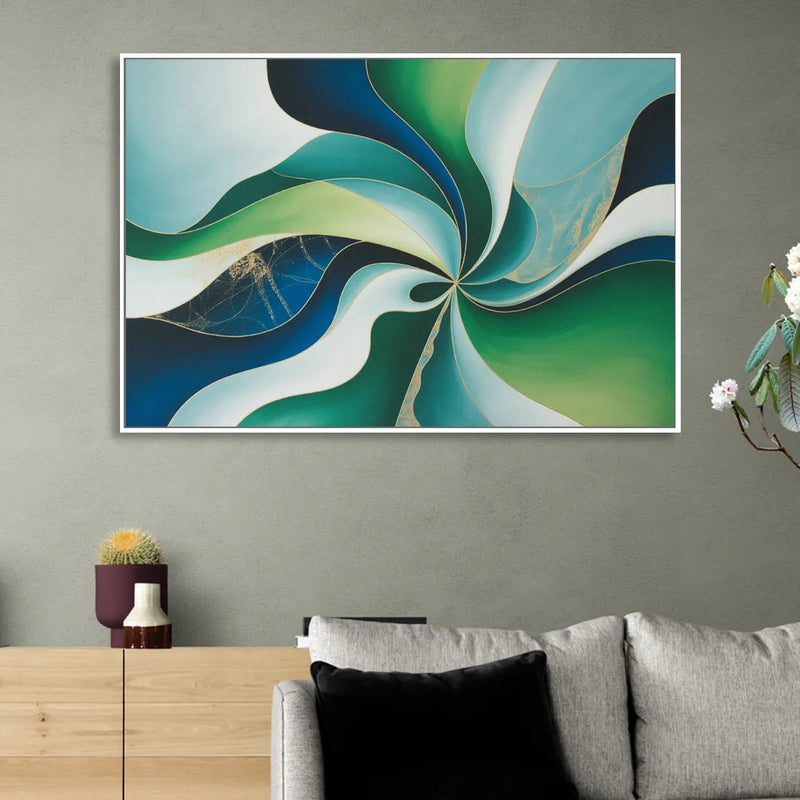 Elegant Harmony Blue and Green Abstract Sitting Room - White Canvas Wall Art