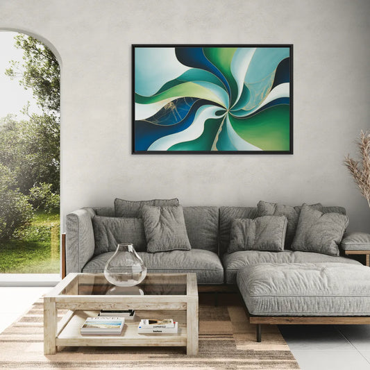 Elegant Harmony Blue and Green Abstract - Living Room Black Frame Canvas