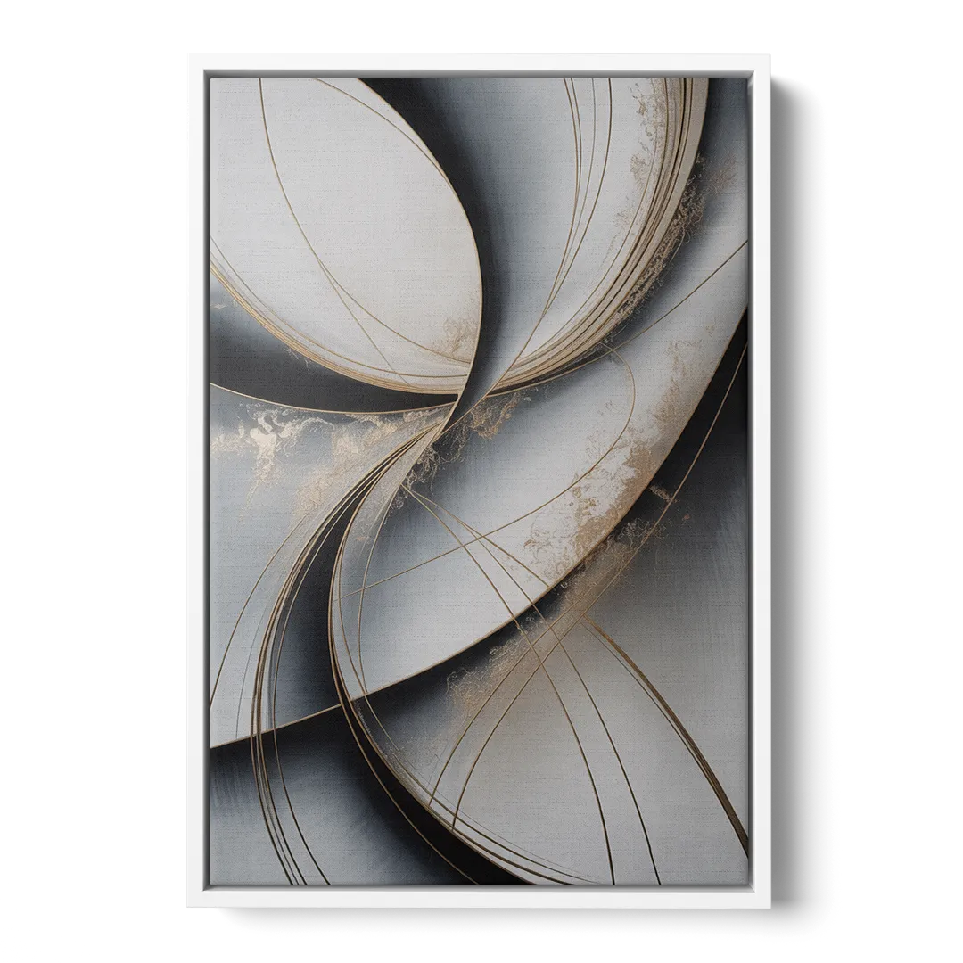 Elegant Harmony Grey and Silver Abstract - White Frame Canvas