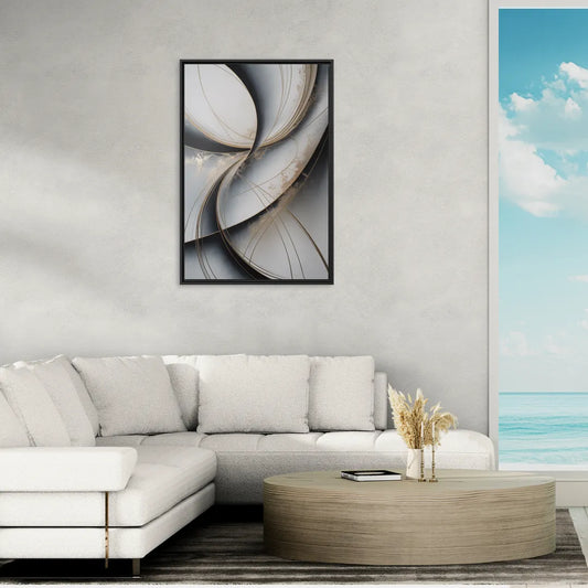Elegant Harmony Grey and Silver Abstract - Living Room Black Frame Canvas