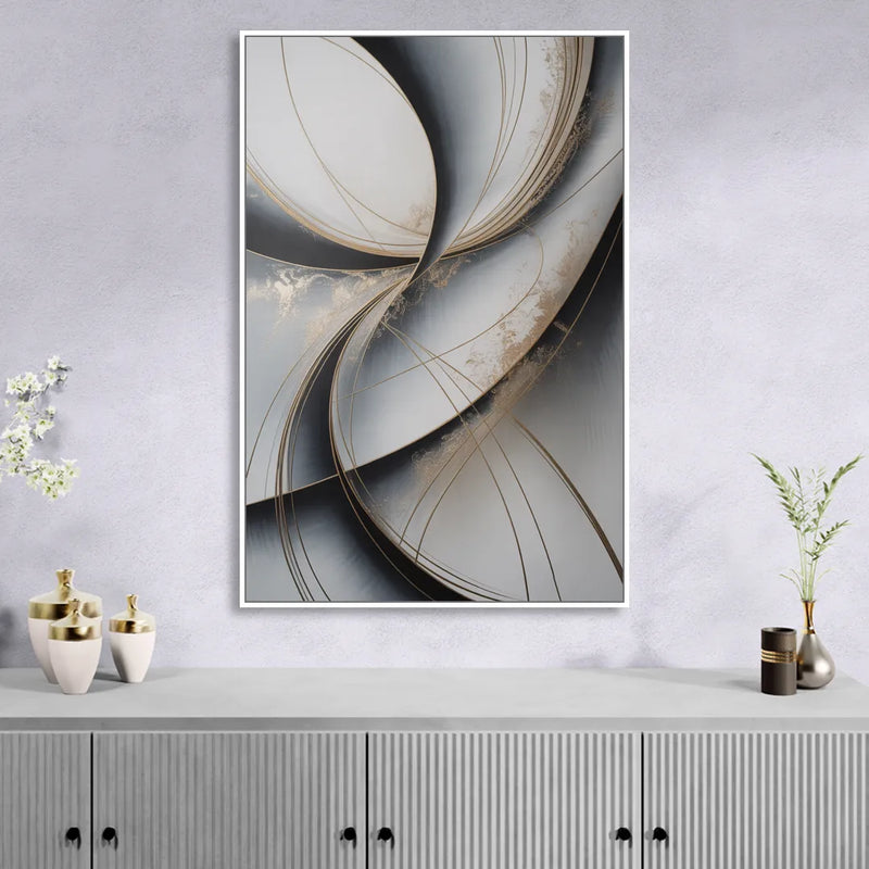 Elegant Harmony Grey and Silver Abstract Sitting Room - White Canvas Wall Art