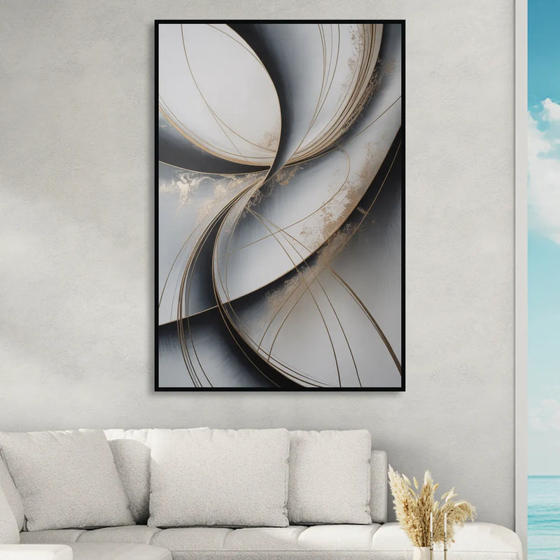 Elegant Harmony Grey and Silver Abstract Living Room - Black Canvas Wall Art