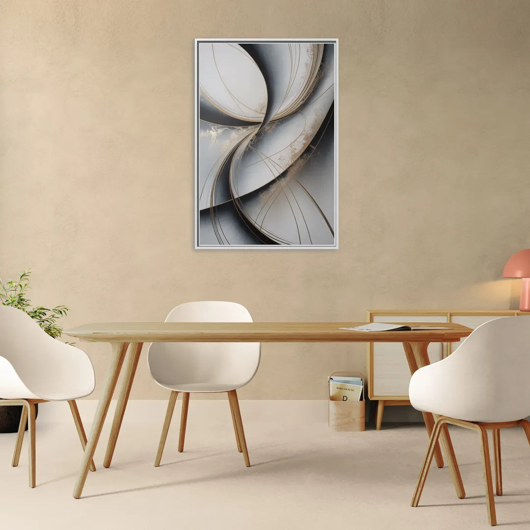 Elegant Harmony Grey and Silver Abstract - Living Room White Frame Canvas