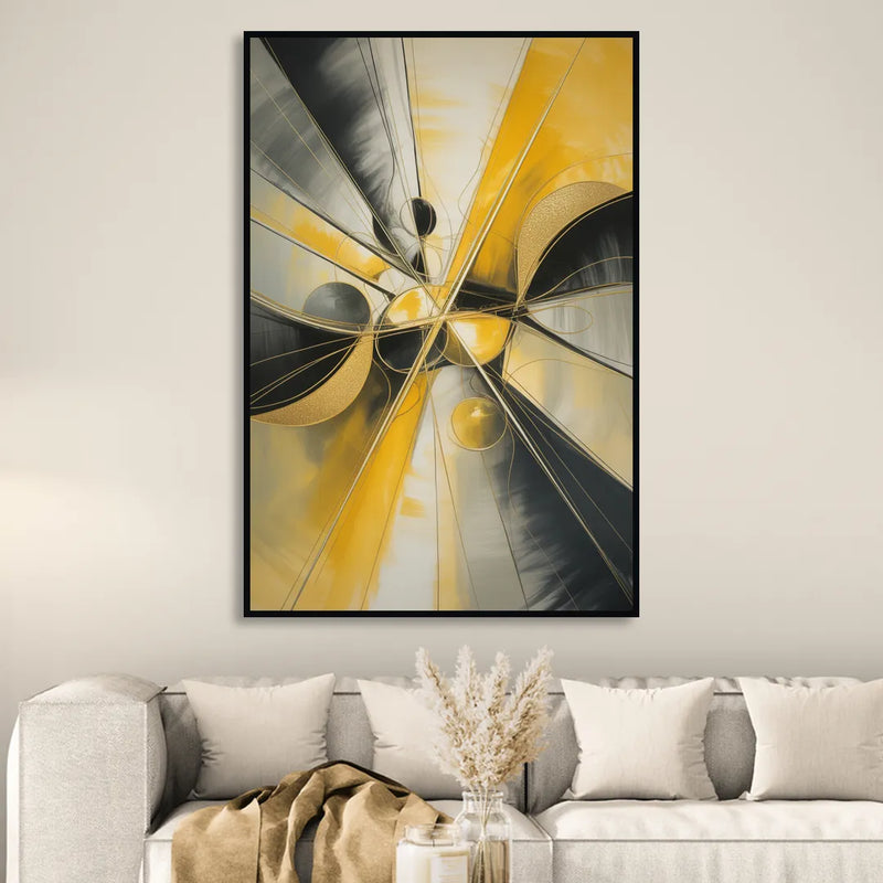 Elegant Harmony Yellow and Grey Abstract Living Room - Black Canvas Wall Art