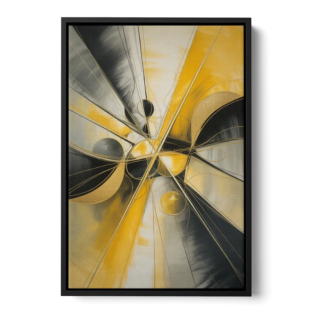 Elegant Harmony Yellow and Grey Abstract - Black Frame Canvas