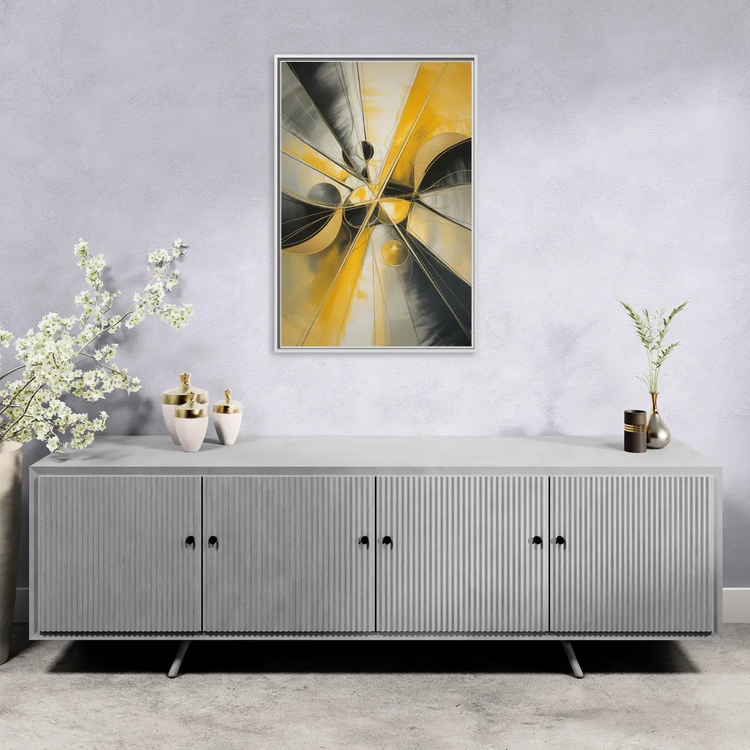 Elegant Harmony Yellow and Grey Abstract - Living Room White Frame Canvas