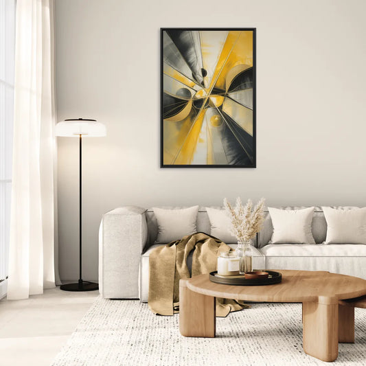 Elegant Harmony Yellow and Grey Abstract - Living Room Black Frame Canvas