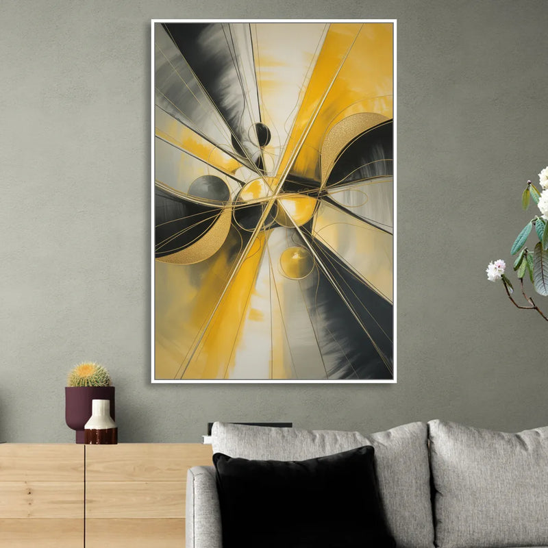 Elegant Harmony Yellow and Grey Abstract Sitting Room - White Canvas Wall Art