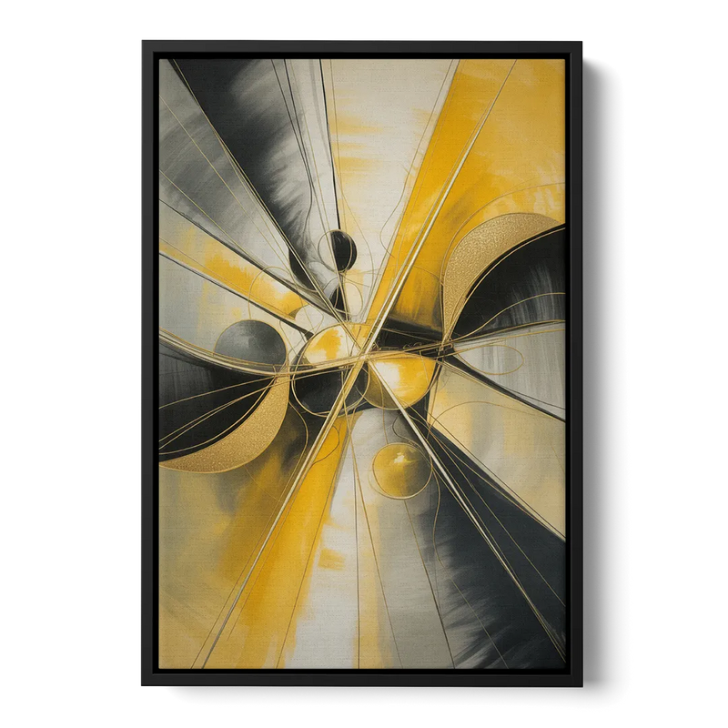Elegant Harmony Yellow and Grey Abstract Front - Black Canvas Wall Art