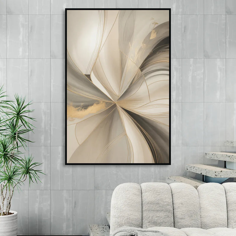 Elegant Interplay Beige Abstract Sitting Room - Black Canvas Wall Art