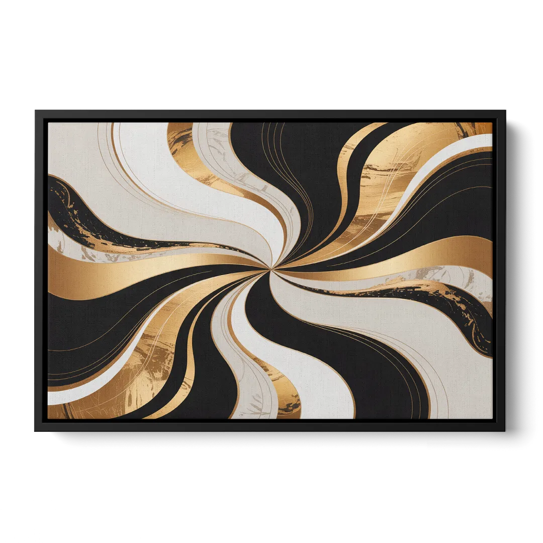 Elegant Interplay Black White and Gold Abstract - Black Frame Canvas