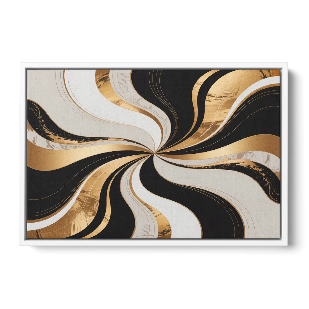 Elegant Interplay Black White and Gold Abstract - White Frame Canvas