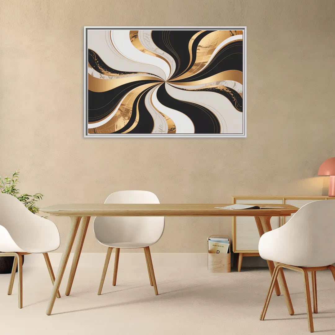 Elegant Interplay Black White and Gold Abstract - Living Room White Frame Canvas