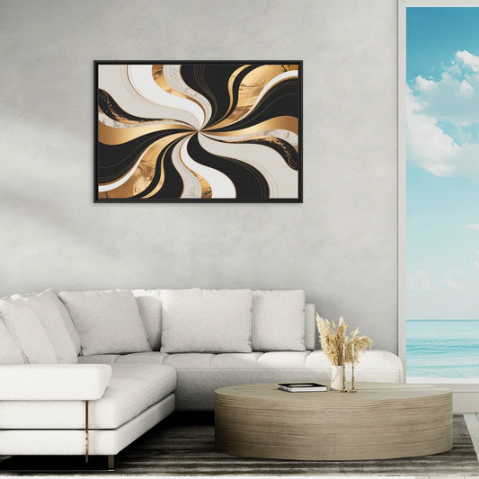 Elegant Interplay Black White and Gold Abstract - Living Room Black Frame Canvas