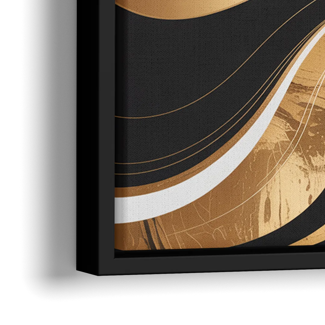 Elegant Interplay Black White and Gold Abstract - Close-Up Black Frame Canvas
