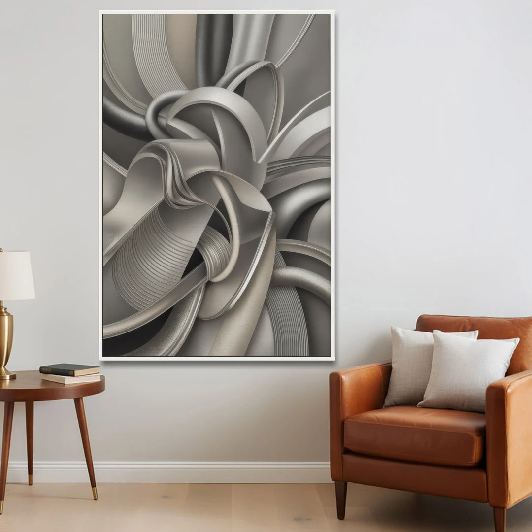 Elegant Intertwine Grey and Silver Abstract - White Framed Canvas Wall Art - Sofa - 40x60