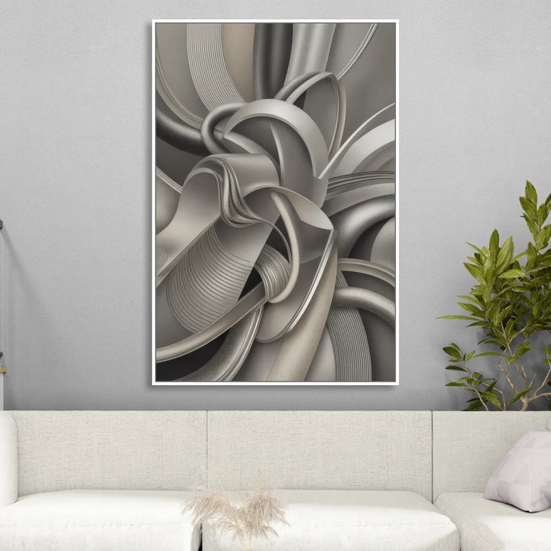 Elegant Intertwine Grey and Silver Abstract Living Room - White Canvas Wall Art
