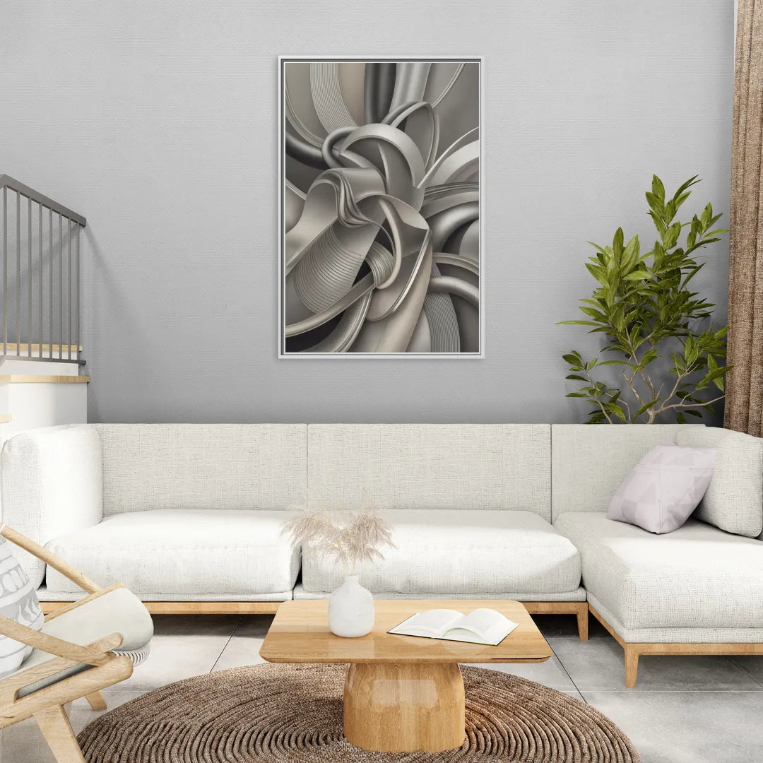 Elegant Intertwine Grey and Silver Abstract - Living Room White Frame Canvas