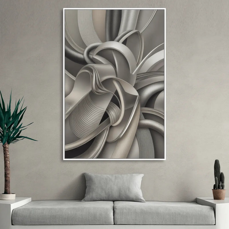 Elegant Intertwine Grey and Silver Abstract Sitting Room - White Canvas Wall Art