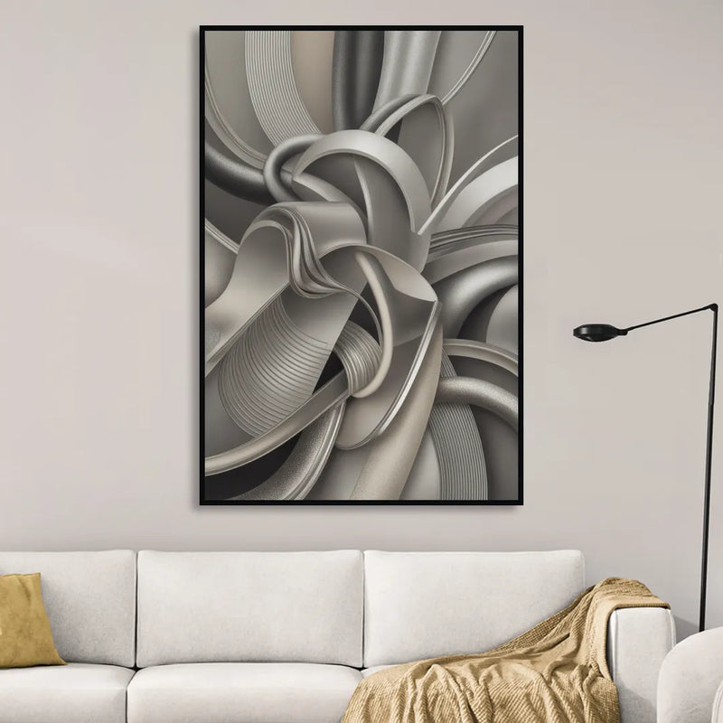 Elegant Intertwine Grey and Silver Abstract Sitting Room - Black Canvas Wall Art