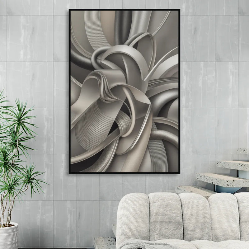 Elegant Intertwine Grey and Silver Abstract Living Room - Black Canvas Wall Art