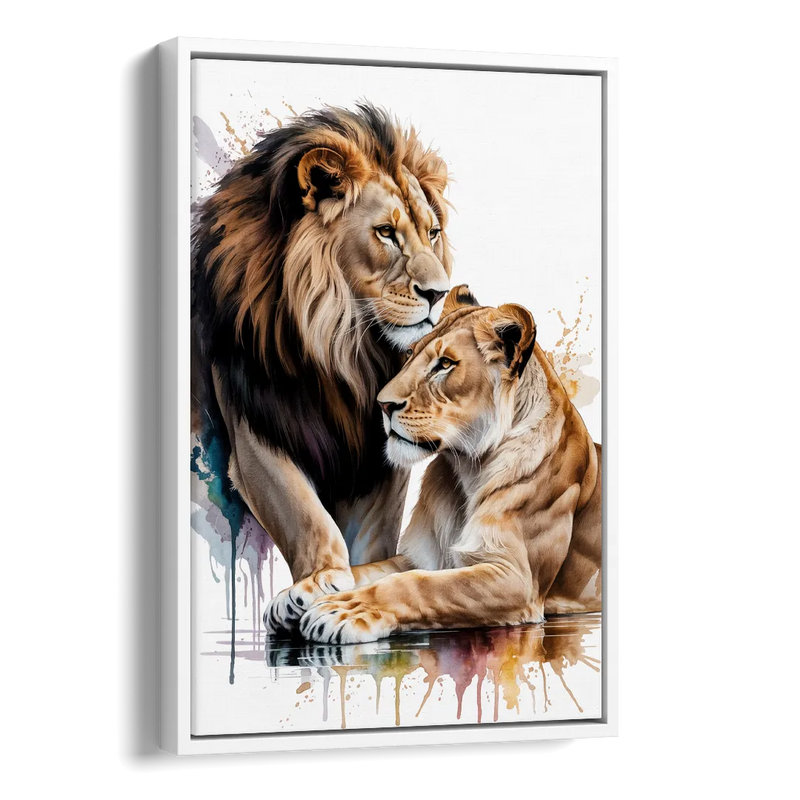 Elegant Lion and Lioness Side - White Canvas Wall Art