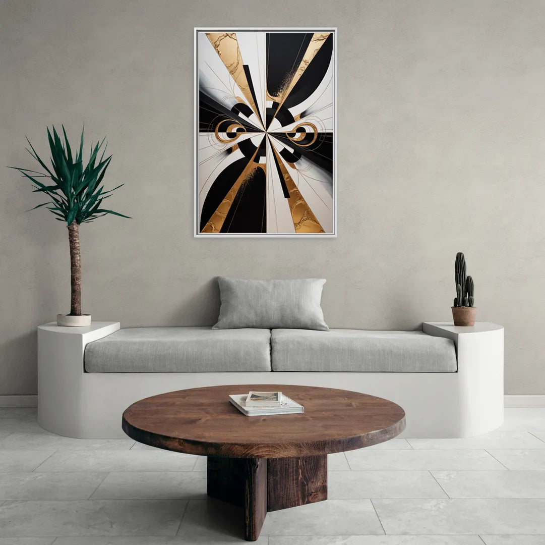 Elegant Luxurious Contrast Black White and Gold Abstract - Living Room White Frame Canvas