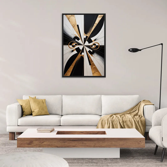 Elegant Luxurious Contrast Black White and Gold Abstract - Living Room Black Frame Canvas